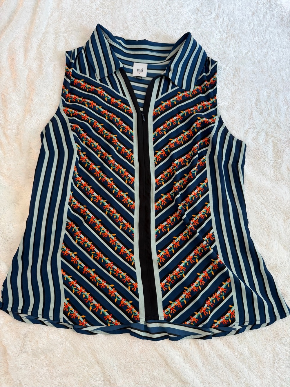 CAbi Navy and Light Blue Striped Sleeveless Zip-Front Camisole with Floral Trim